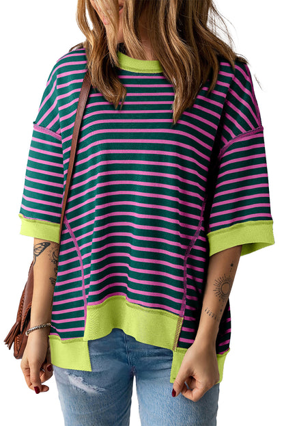 Pink Stripe Colorblock Drop Sleeve Loose Top - Eloy Royal