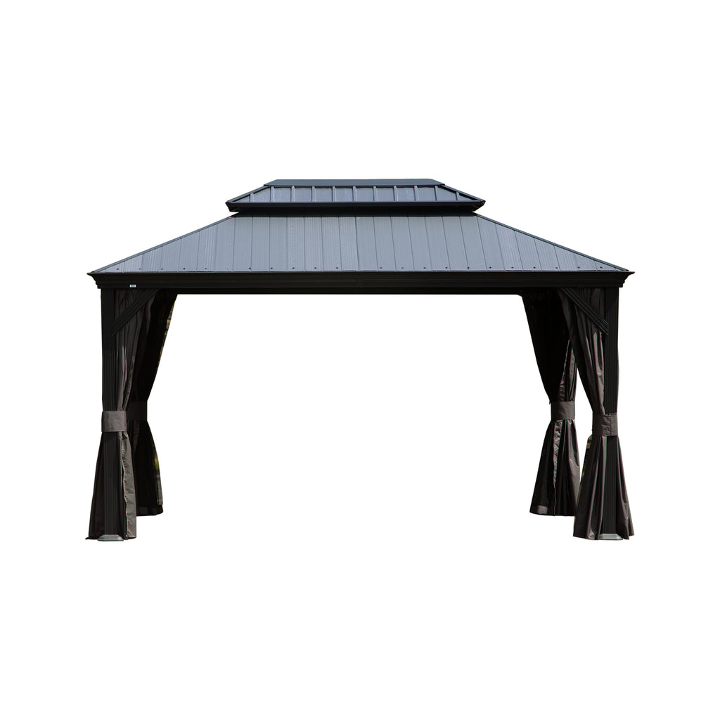 12'x16' Hardtop Gazebo with Resin Roof, Outdoor Metal Gazebo with Drainage Gutters, Permanent Heavy Duty Pavilion for Patio, Backyard and Deck, Curtains and Mosquito Netting Included