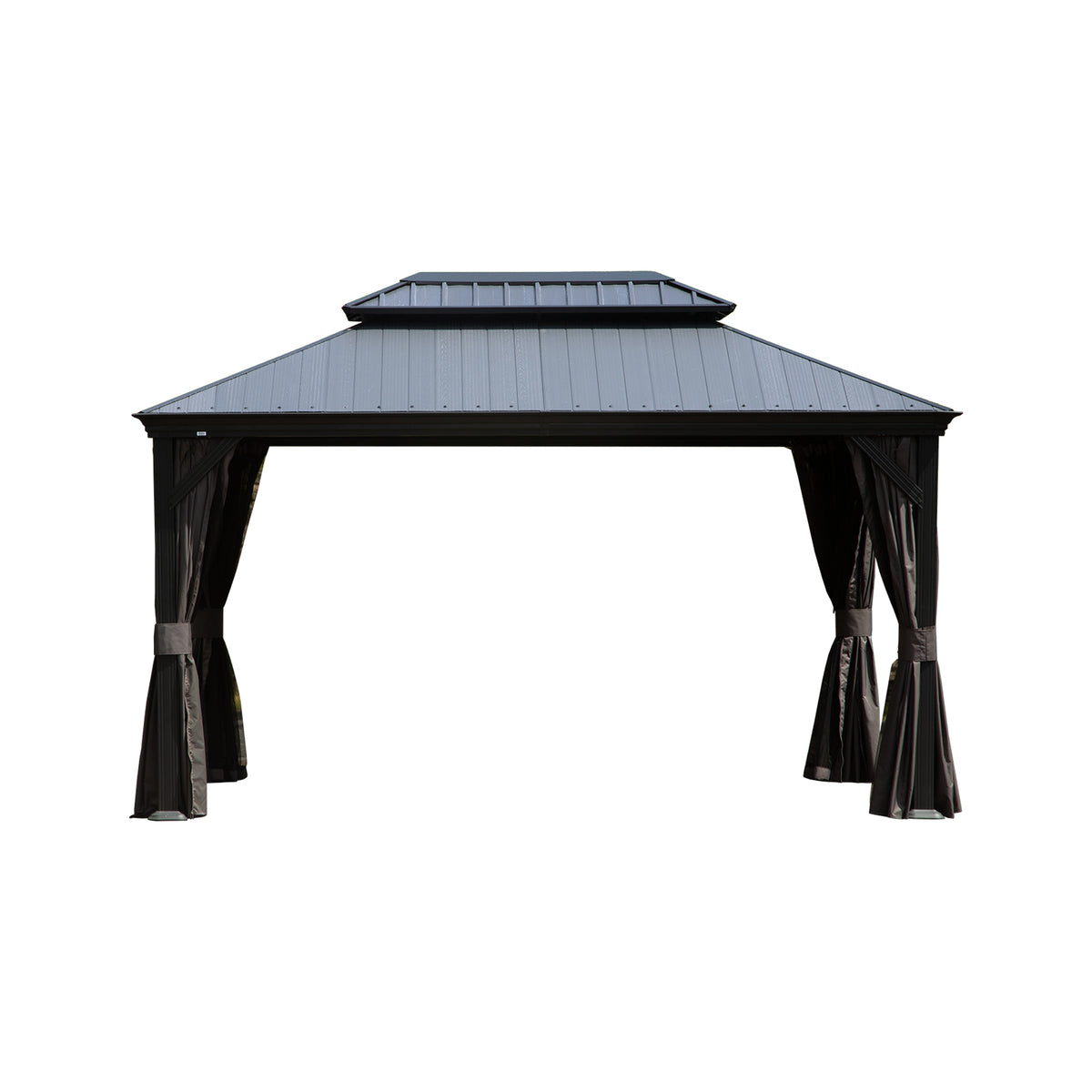 12'x16' Hardtop Gazebo with Resin Roof, Outdoor Metal Gazebo with Drainage Gutters, Permanent Heavy Duty Pavilion for Patio, Backyard and Deck, Curtains and Mosquito Netting Included