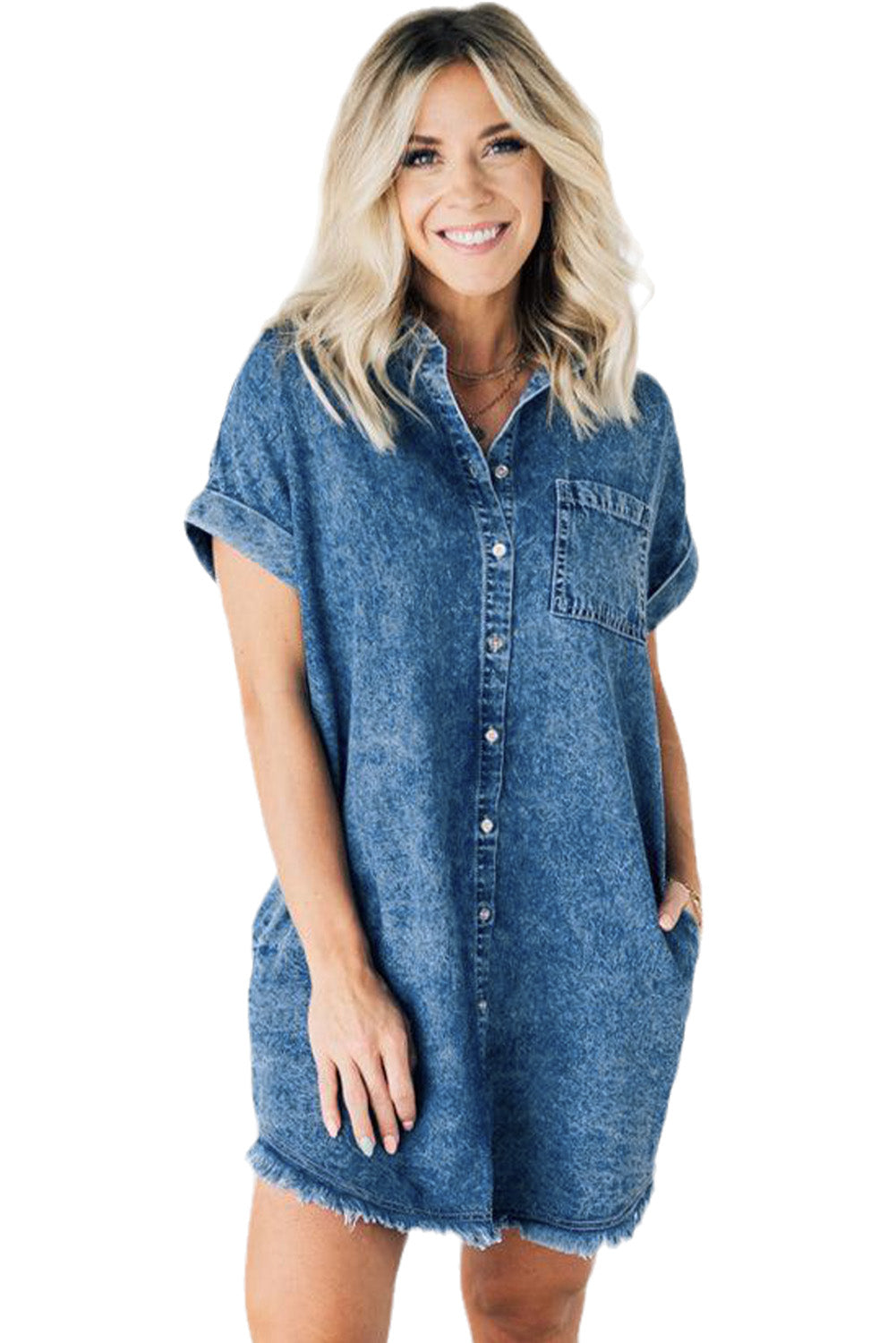 Blue Mineral Wash Cuffed Sleeve Frayed Hem Denim Dress - Eloy Royal