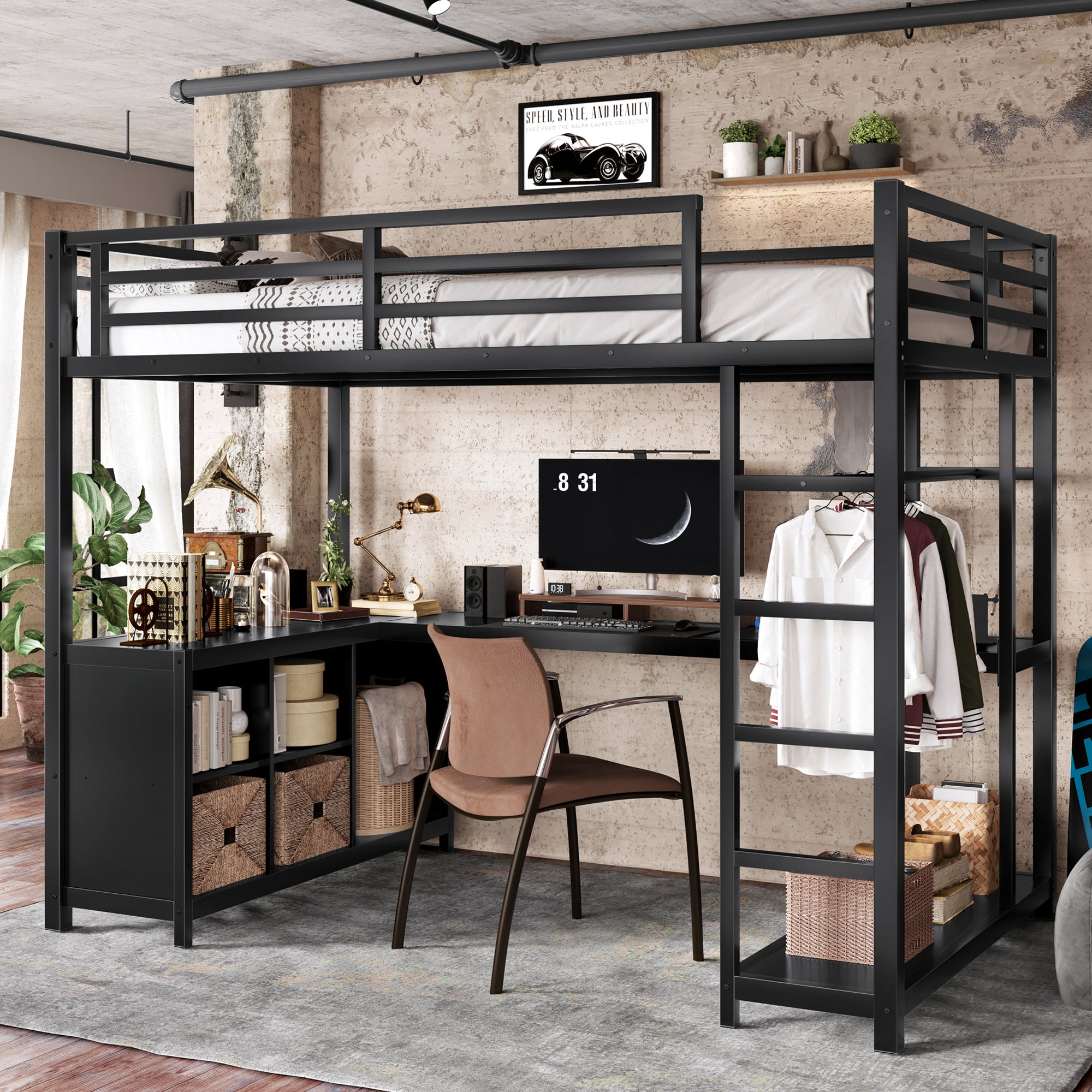 Metal Loft Bed with Wardrobe and L-shaped Desk, Twin XL Size Loft Bed with Storage Cubes and Shelves, Loft Bed for Kids Teens Adults, Black