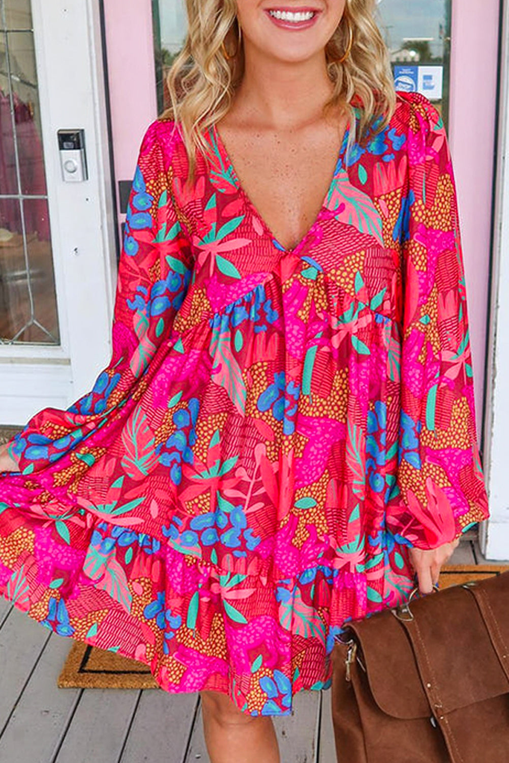 Rose V Neck Bubble Sleeve Boho Flower Flowy Dress - Eloy Royal