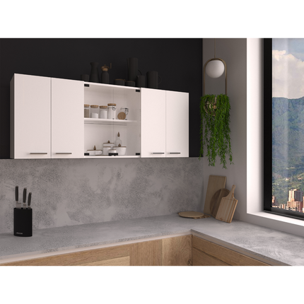 Wall cabinet 24' H, four Doors, with two internal Shelves and internal plate and glass organizer, two Storage Shelves with two glass Doors, White