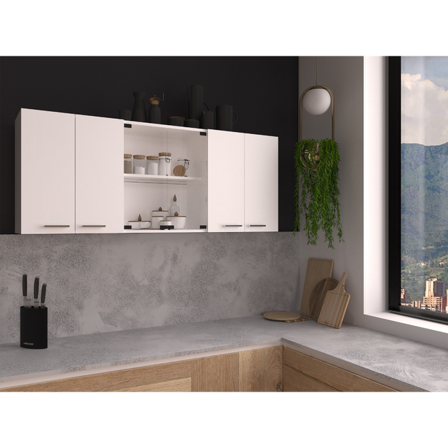 Wall cabinet 24' H, four Doors, with two internal Shelves and internal plate and glass organizer, two Storage Shelves with two glass Doors, White