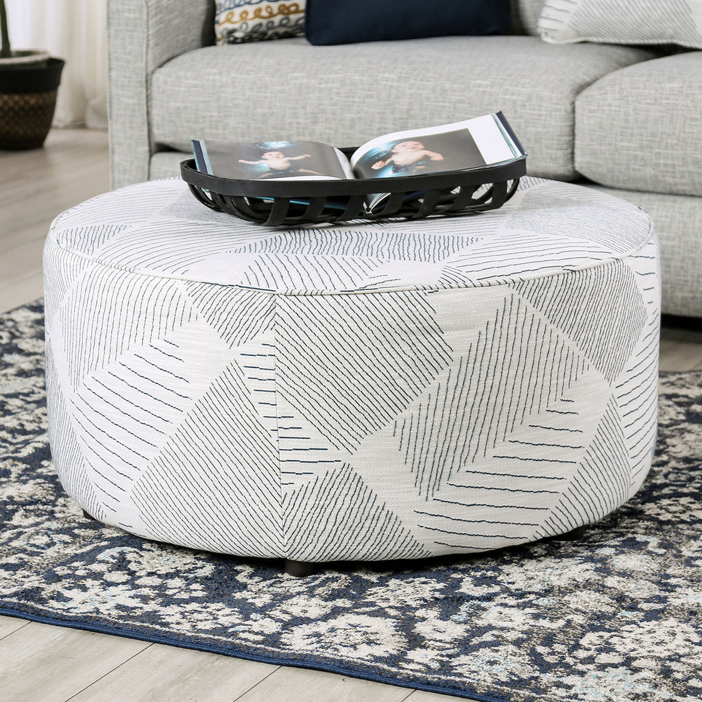 Round Upholstery Ottoman Transitional Style Welt Trim Gray & Navy Finish