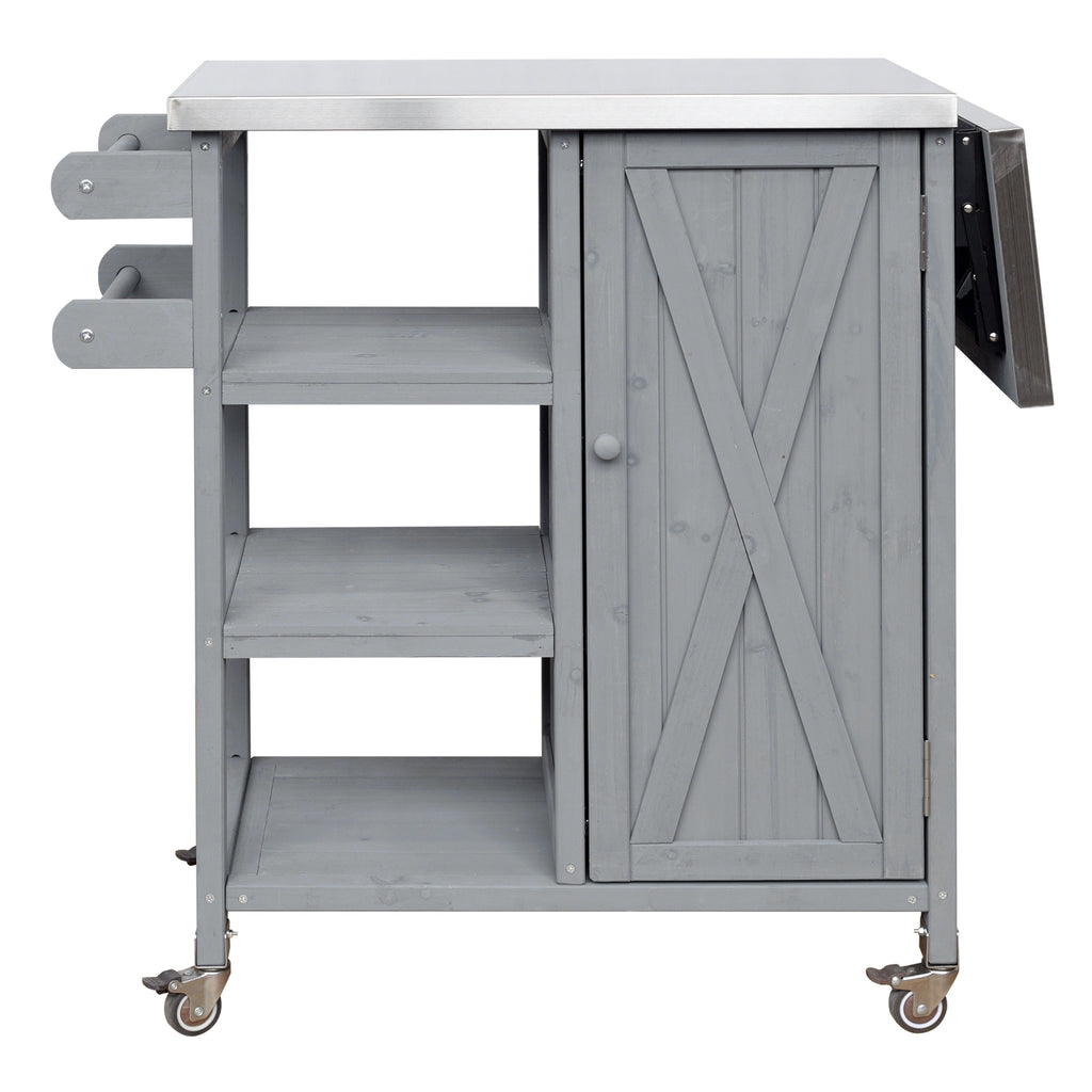 Foldable Outdoor Kitchen Island with Stainless Steel Worktop and Storage Cabinet in Grey, Portable Prep Station for Patio and Balcony
