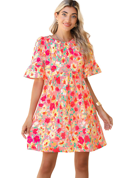 Multicolor Floral Print Flounce Sleeve Pleated Mini Dress - Eloy Royal