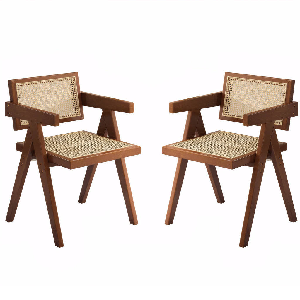 Modern Mid-Century Dining Chairs Set of 2, Rattan Accent Chairs, Comfy Armchairs, Outdoor Wood Chairs with Armrest for Bedroom Living Room Reading Room Dining Kitchen, Brown