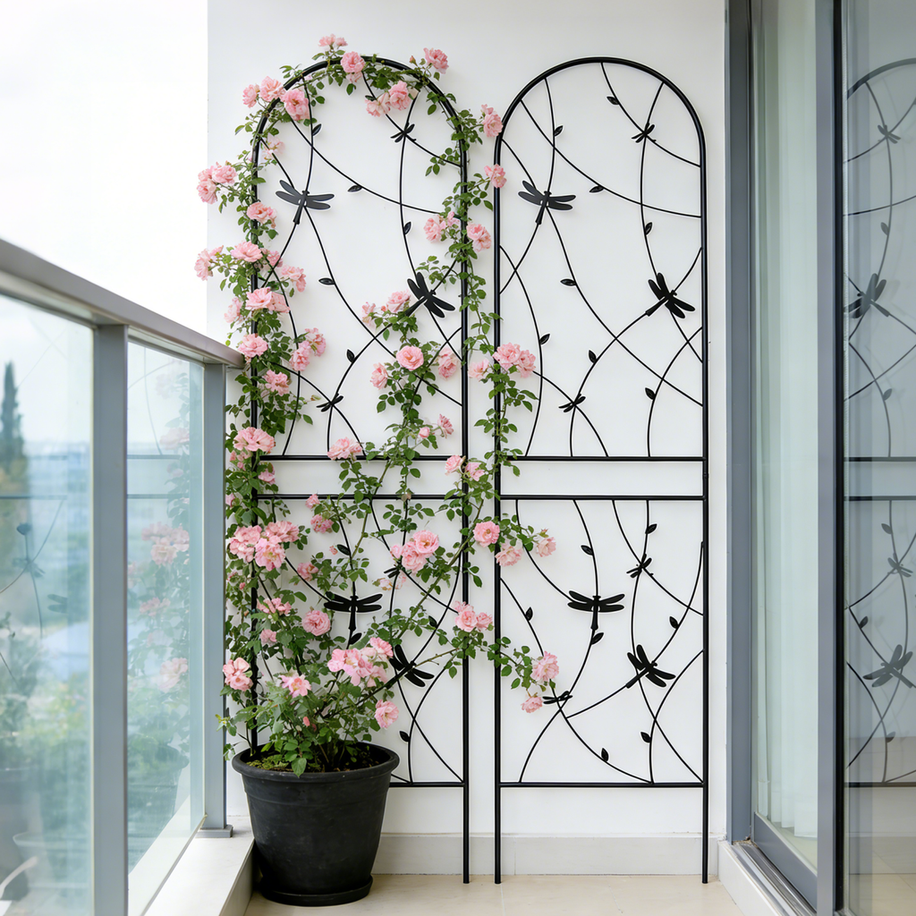 2 Pack Metal Garden Trellis 86.7' x 19.7' Rustproof Trellis for Climbing Plants Outdoor Flower Support Dragonfly Deco Black