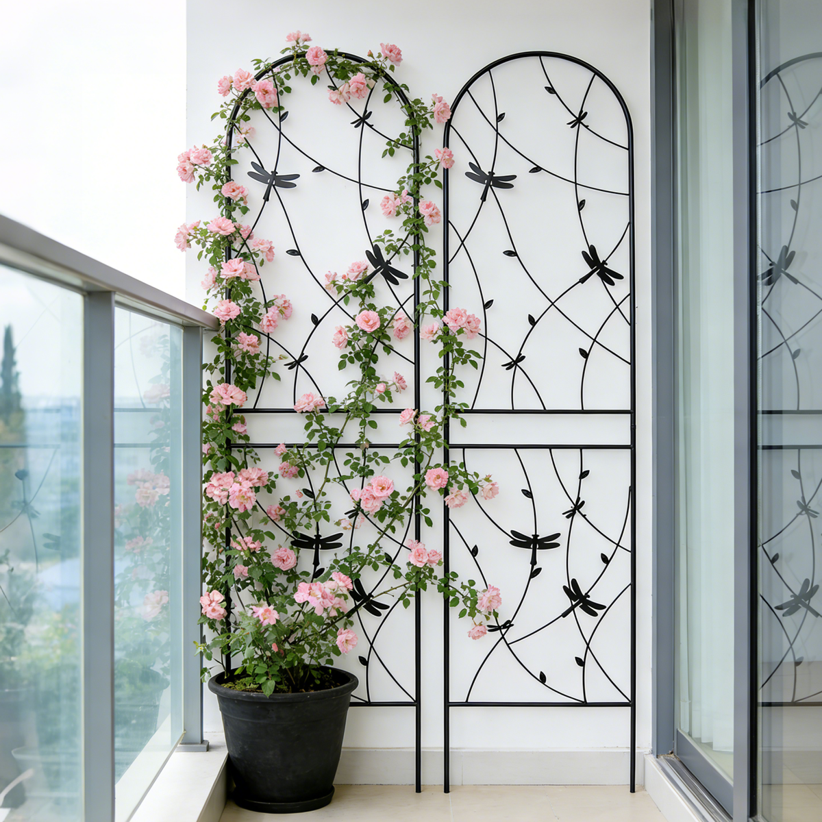 2 Pack Metal Garden Trellis 86.7' x 19.7' Rustproof Trellis for Climbing Plants Outdoor Flower Support Dragonfly Deco Black