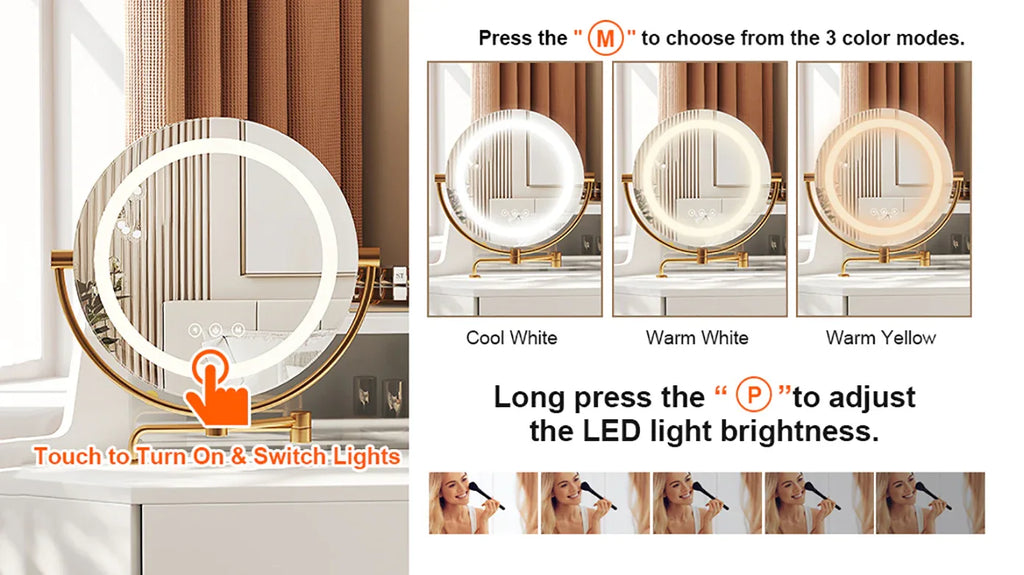 Corner Makeup Vanity Desk With Mirror & LED Lights, Modern Vanity Set With Mirror And Stool, Dressing Table With Large Storage For Small Place, Brightness Adjustable Folding Mirror, White - Eloy Royal