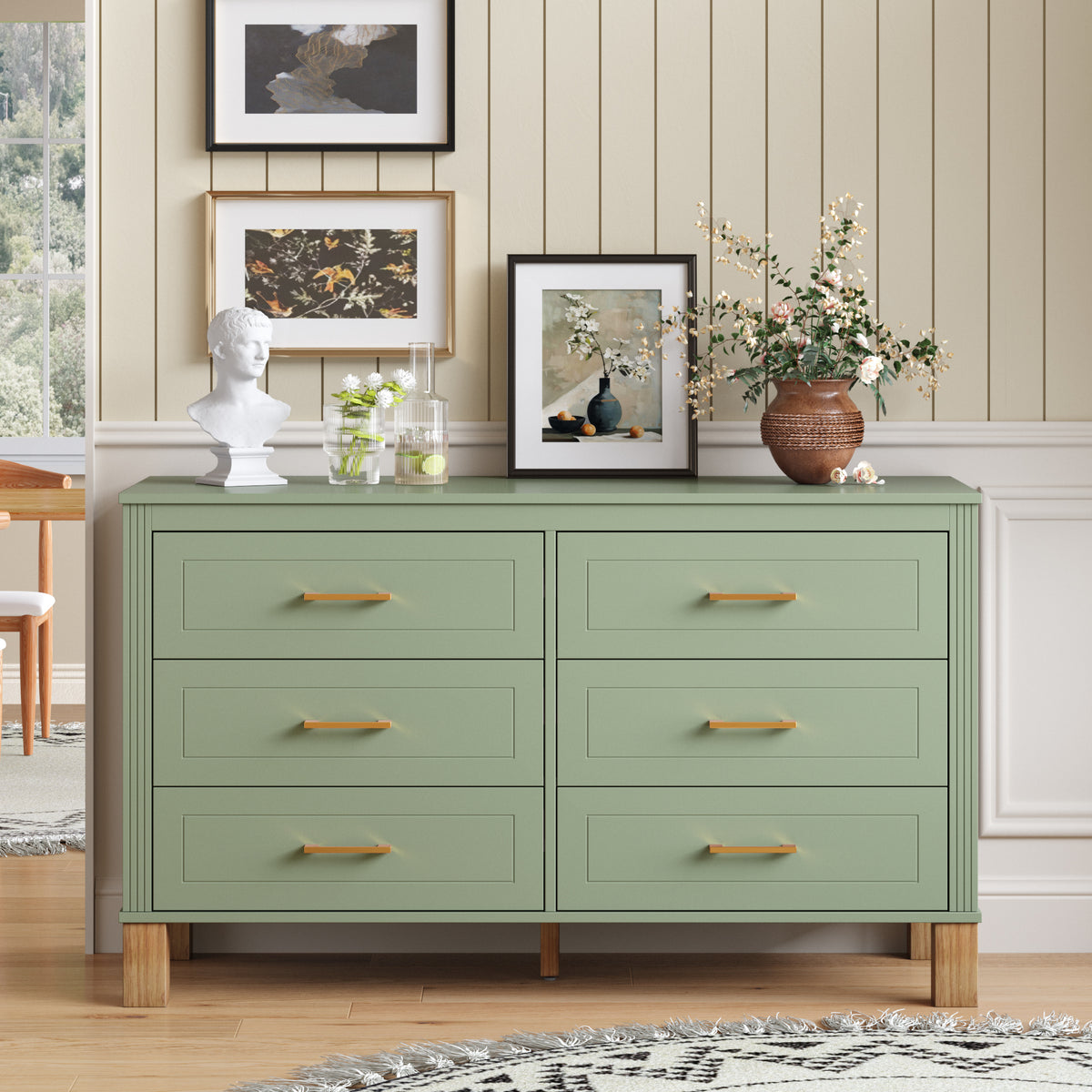 6-Drawer Double Dresser in Sage Green, Modern Storage Cabinet with Metal Handles & Solid Wood Legs, Dresser Drawer Organizer for Kids Bedroom, Heavy-Duty Wooden Dresser with Pre-Installed