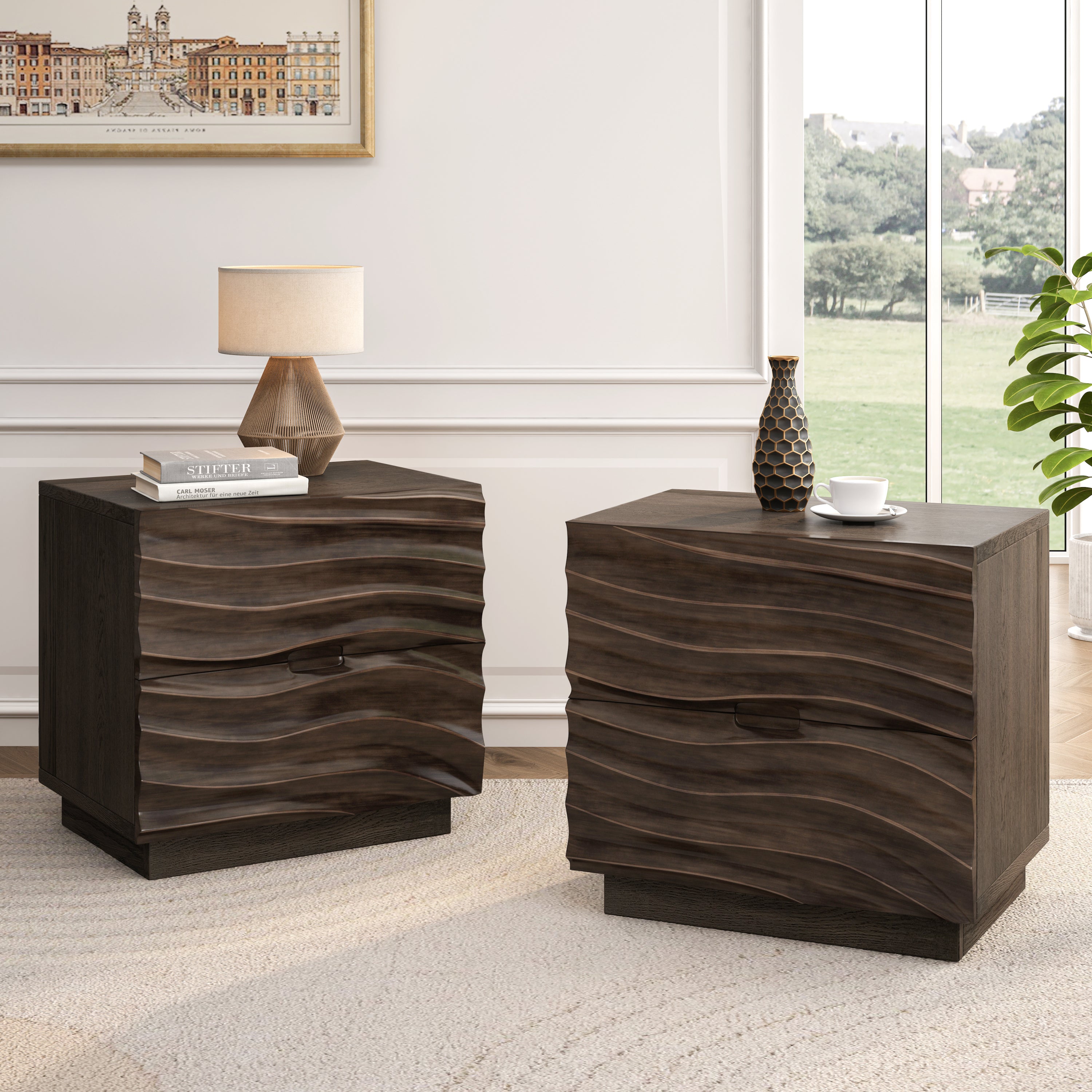 Solid Wood Nightstands Set of 2, Bedside Table with 2 Drawers, No Handles, Sofa End Table for Living Room, Bedrooms,Brown