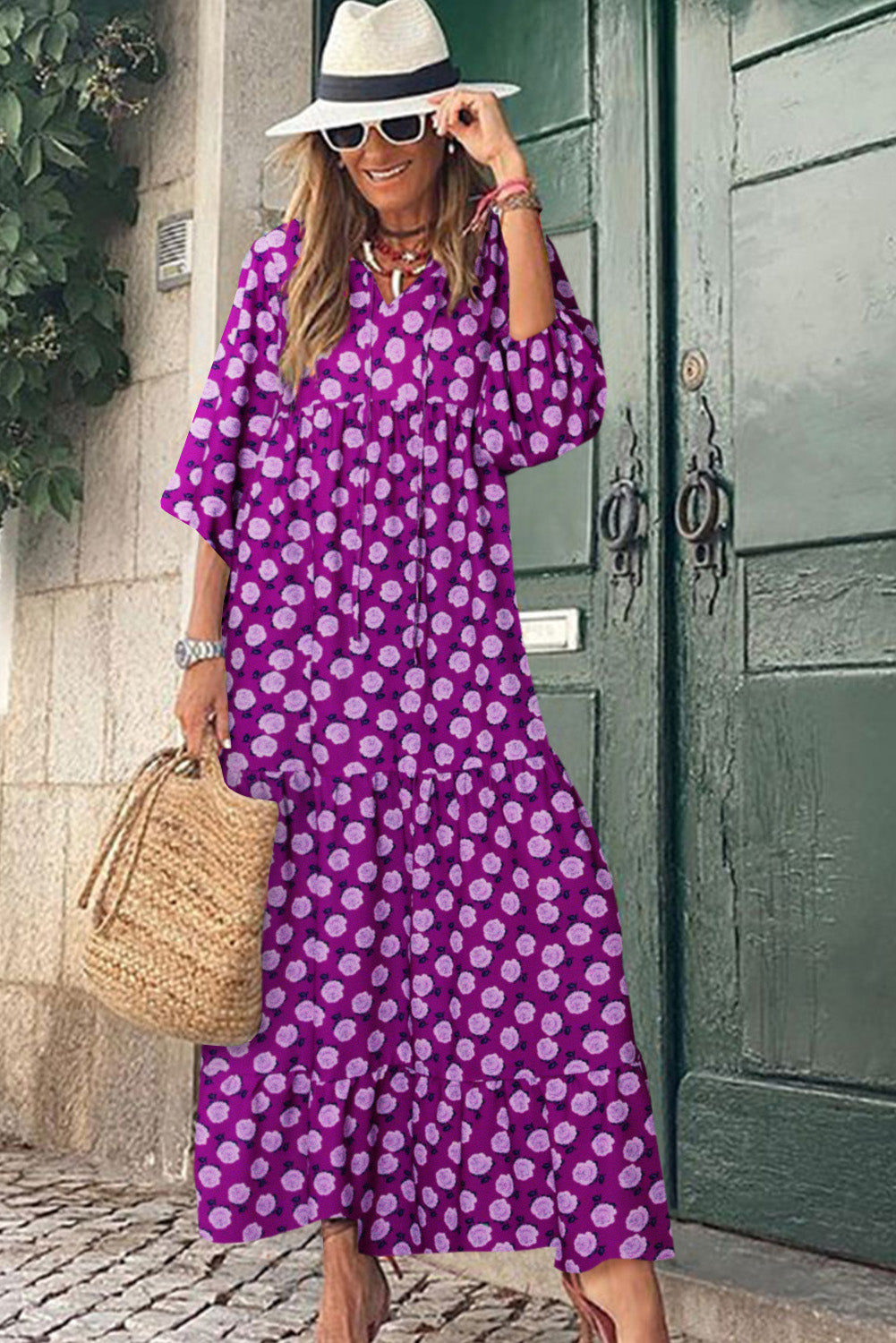 Purple Boho Printed V Neck Puff Sleeve Maxi Dress - Eloy Royal