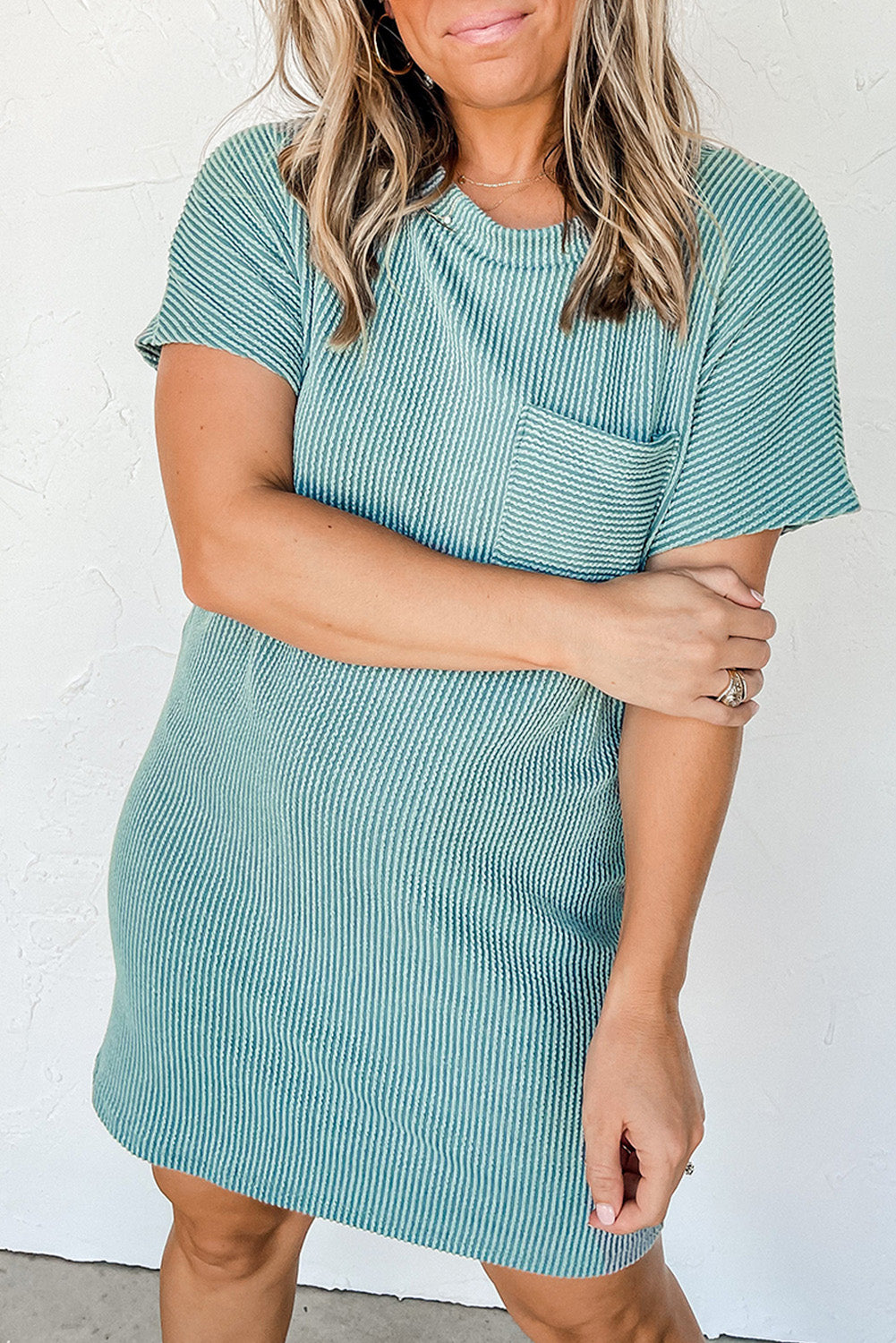 Blue Ribbed Chest Pocket Casual T Shirt Dress - Eloy Royal