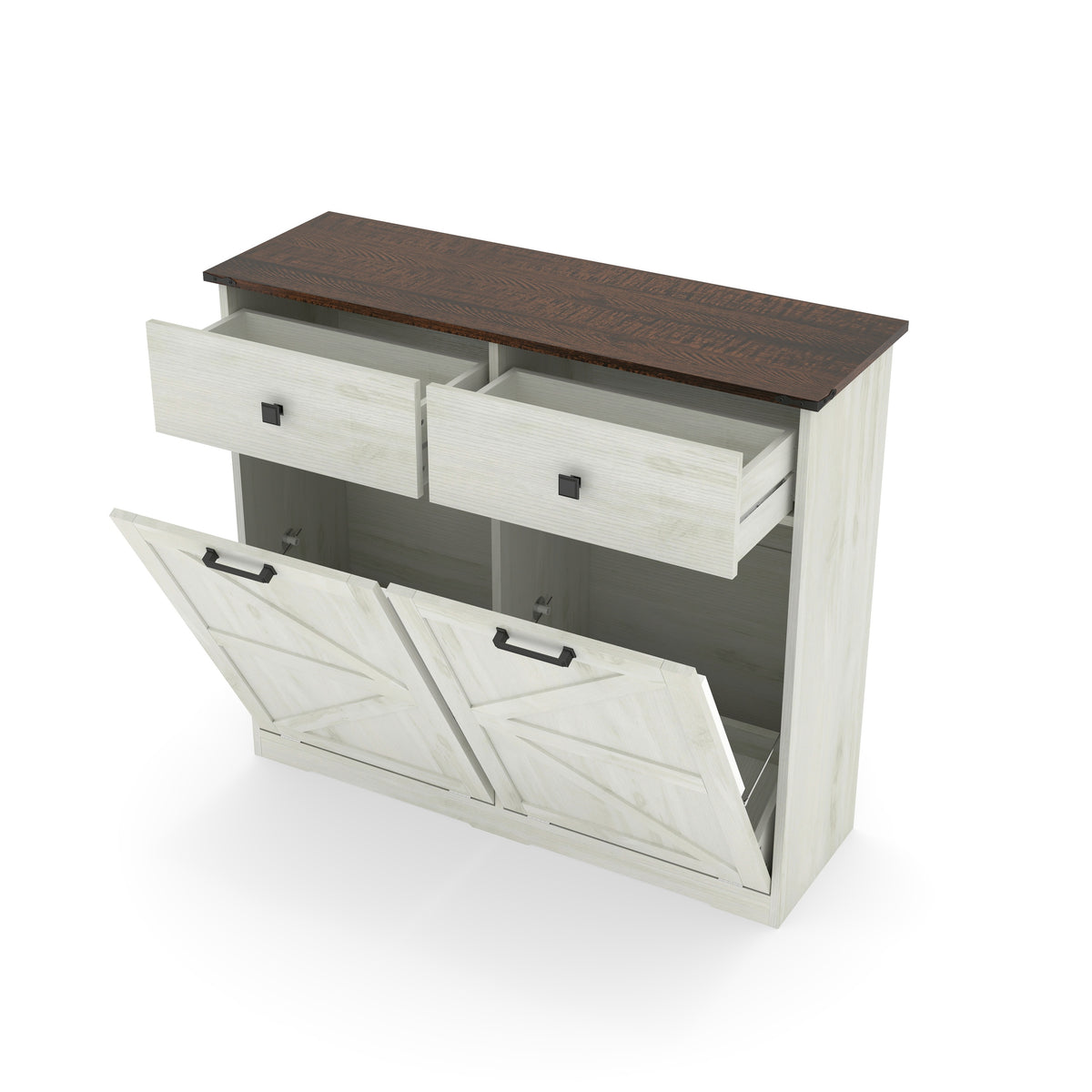 Farmhouse Barn Door Style Double Tilt Out Trash Cabinet for 20 Gallon Cans with Free Standing Recycling and Laundry Storage, Antique White & Brown Woodgrain