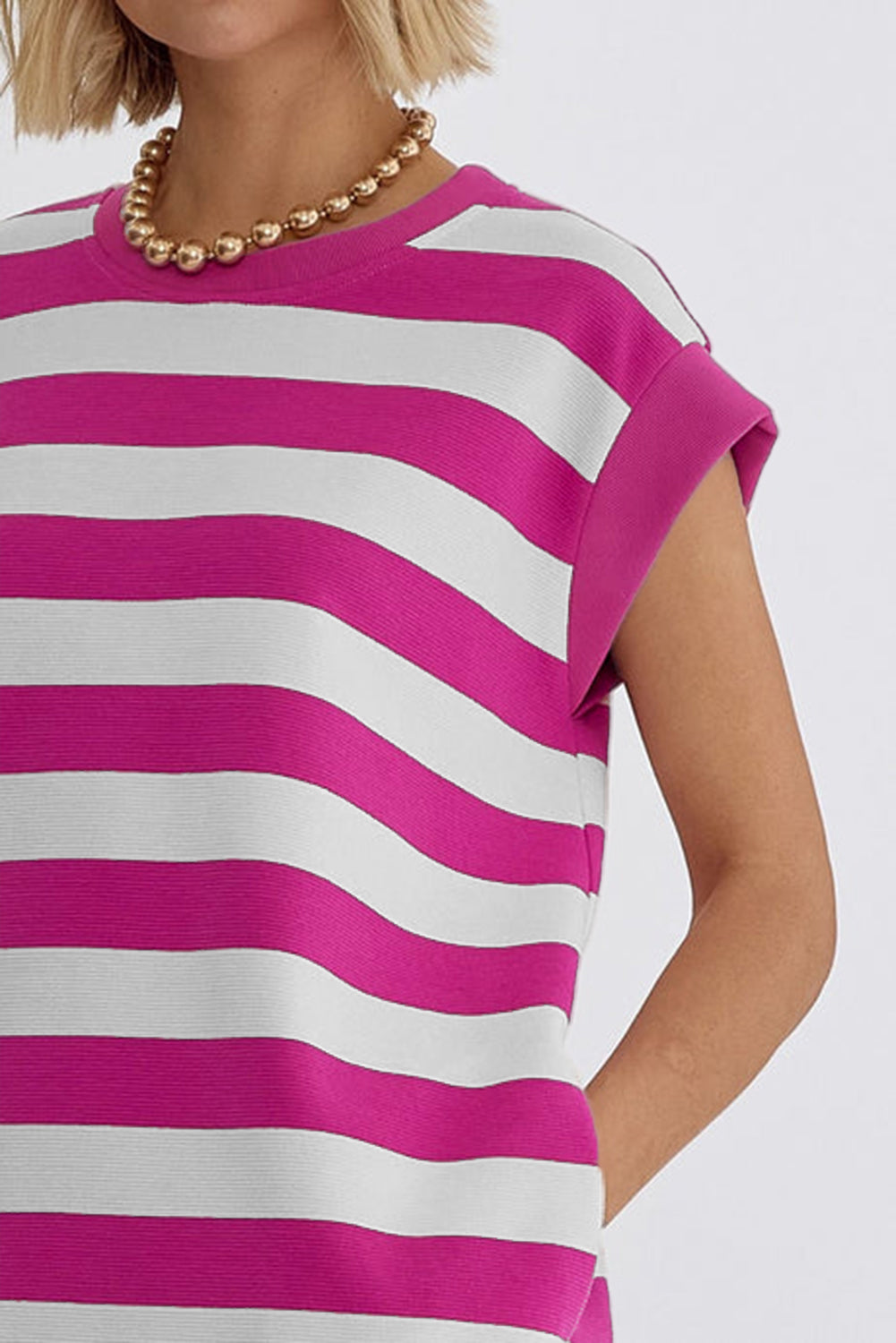 Rose Stripe Cap Sleeve Pocketed T-shirt Dress - Eloy Royal