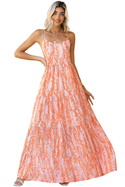 Orange Abstract Print Backless Tiered Maxi Dress - Eloy Royal