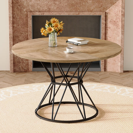 A circular dining table with a diameter of 47.3 inches, featuring 4 light wood grain MDF tabletops, black hourglass shaped metal brackets, and a modern industrial style dining table for 4-6 people.