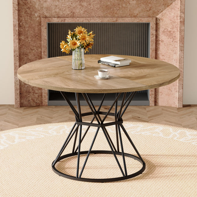 A circular dining table with a diameter of 47.3 inches, featuring 4 light wood grain MDF tabletops, black hourglass shaped metal brackets, and a modern industrial style dining table for 4-6 people.