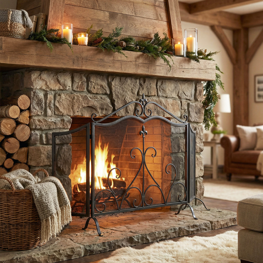 Onyx 3-Panel Iron Fireplace Screen 54' x 31.5', Black Finish