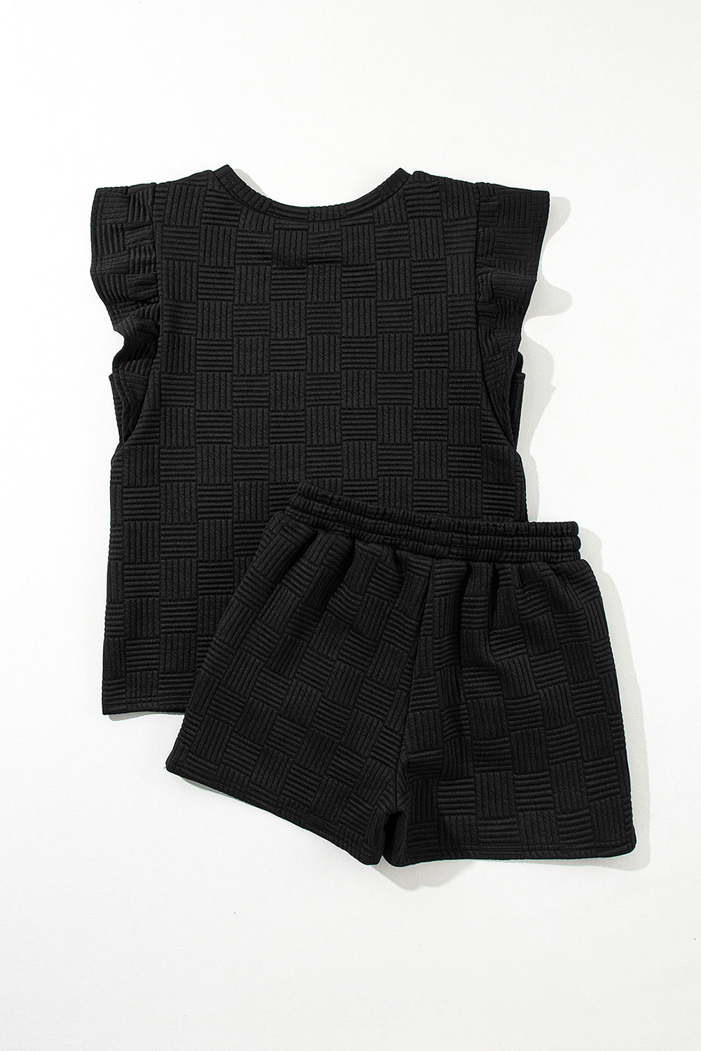 Black Textured Ruffle Sleeve Tee and Drawstring Shorts Set - Eloy Royal