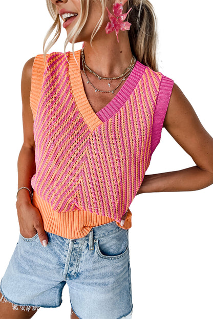 Strawberry Pink Contrast Chevron V Neck Knitted Vest - Eloy Royal