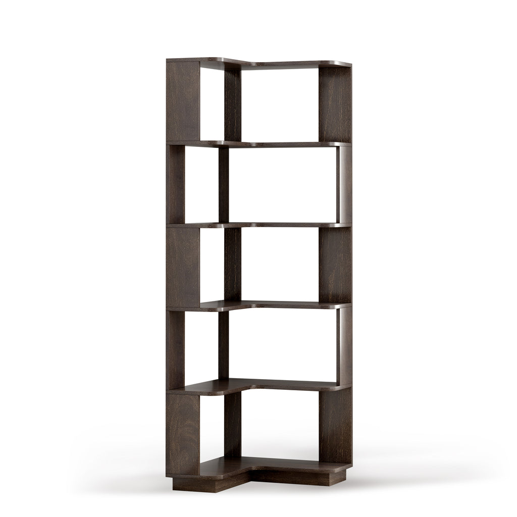 6 Tier L-Shaped Corner Bookshelf for Living Room Bedroom, Wooden Display Rack with Anti-Drop Panel & Anti-Tipping Device, Dark Brown Engineered Wood, 21.65L x 21.65W x 64.57H inches