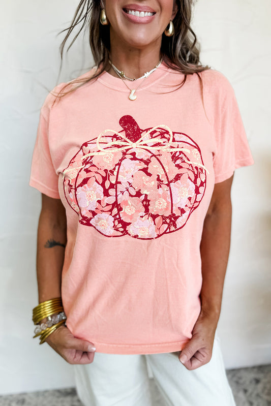 Pink Floral Pumpkin Print Crew Neck Casual T Shirt