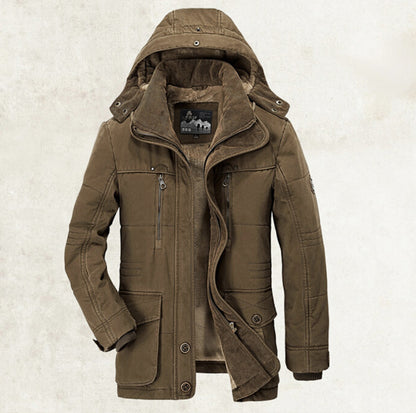 Thickened multi-pocket hooded men's cotton coat