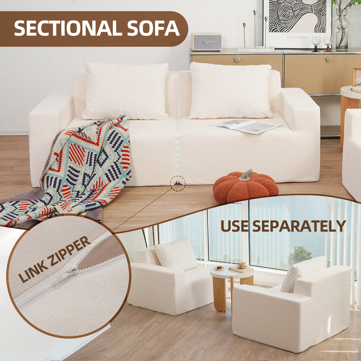 Vienne Convertible Foam Loveseat with Washable Cover, White Oak
