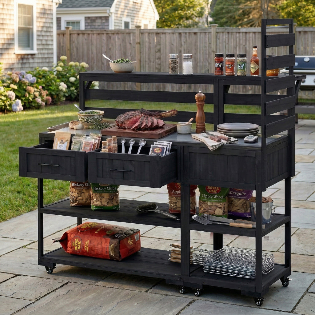 (With Assembly Video) TOPMAX 62.3'' Patio Kitchen Island Solid Wood Kitchen Cart with Stainless Table Top, Garden Potting Bench with Raised Shelf and Drawers, Grill Prep Table for BBQ, Party, Black