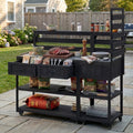 (With Assembly Video) TOPMAX 62.3'' Patio Kitchen Island Solid Wood Kitchen Cart with Stainless Table Top, Garden Potting Bench with Raised Shelf and Drawers, Grill Prep Table for BBQ, Party, Black