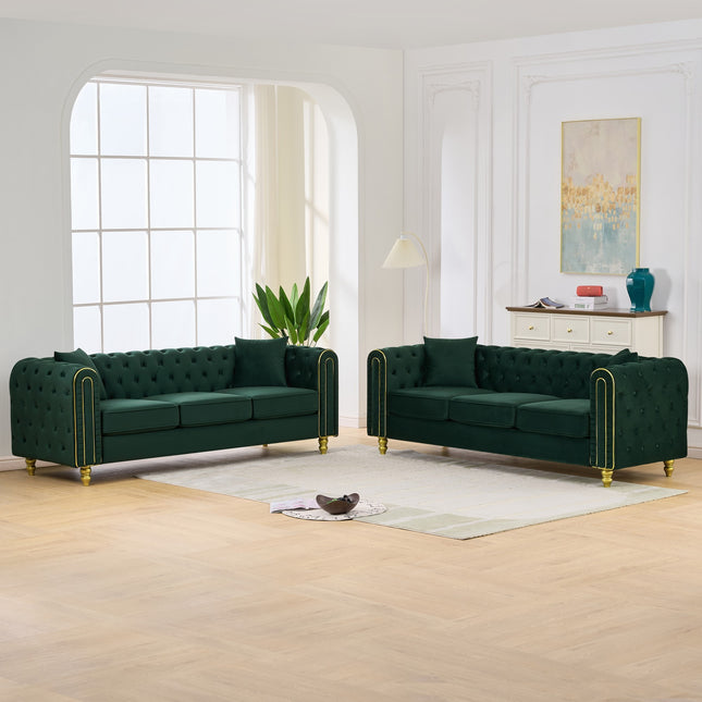 3 Seater +3 Seater Modern Loveseat Sofa,3+3 Seater Couch Comfy Velvet Sofa Button Tufted Rolled Arms and Gold Legs,Chesterfield for Primary Living Space,Green