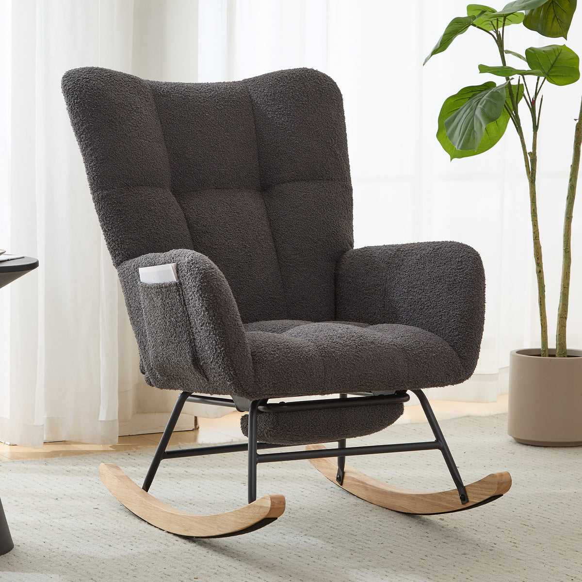 Teddy Fabric Wingback Glider Rocker & Ottoman Set, Nursery Nursing Rocking Chair with Side Storage Pocket, Smooth Gliding Motion, Safe Solid Wood Base, Comfy Accent Chair for Living Room,Grey