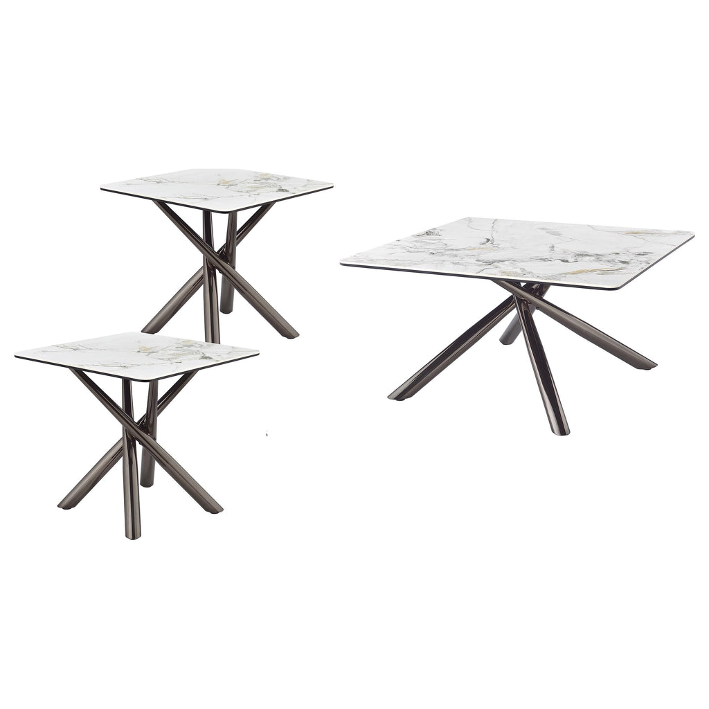 Newport Mirage White 3-Piece Coffee Table Set with Sintered Stone Tops and Black Nickel Electroplated Bases in Mirage White