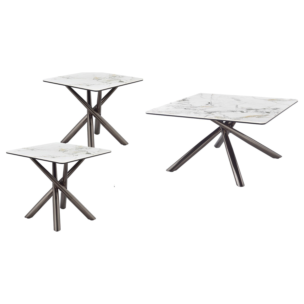 Newport Mirage White 3-Piece Coffee Table Set with Sintered Stone Tops and Black Nickel Electroplated Bases in Mirage White