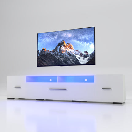 LED TV Stand for 55-80 Inch TV, Modern Entertainment Center Equipped with Power Outlet, 60 70 80 Inch Wood Grain Surface TV Console for Homes & Apartments, White
