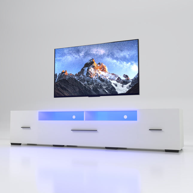 LED TV Stand for 55-80 Inch TV, Modern Entertainment Center Equipped with Power Outlet, 60 70 80 Inch Wood Grain Surface TV Console for Homes & Apartments, White
