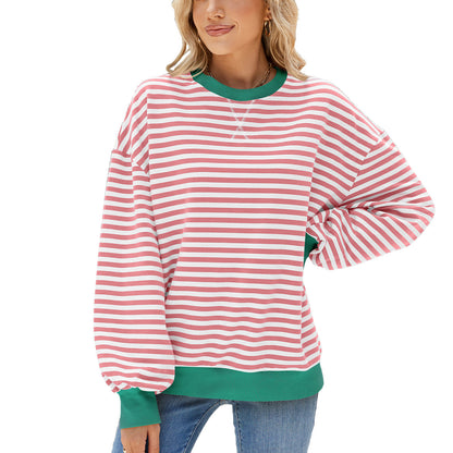 Women's Stripes Round Neck Contrast Color Loose Long Sleeve Sweatershirt