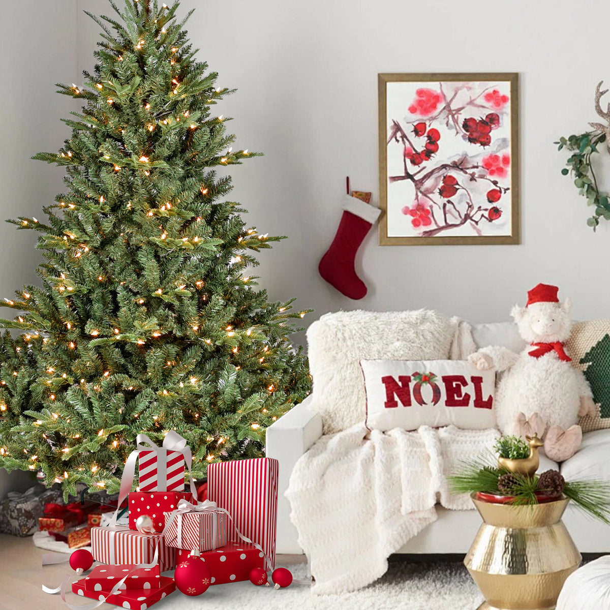 7.5FT Full-Shape Christmas Tree with 850 UL Lights – PE/PVC Mixed Branches, 2441 Tips, Wide Base for Spacious Areas, Hinged Structure, Stable Metal Stand