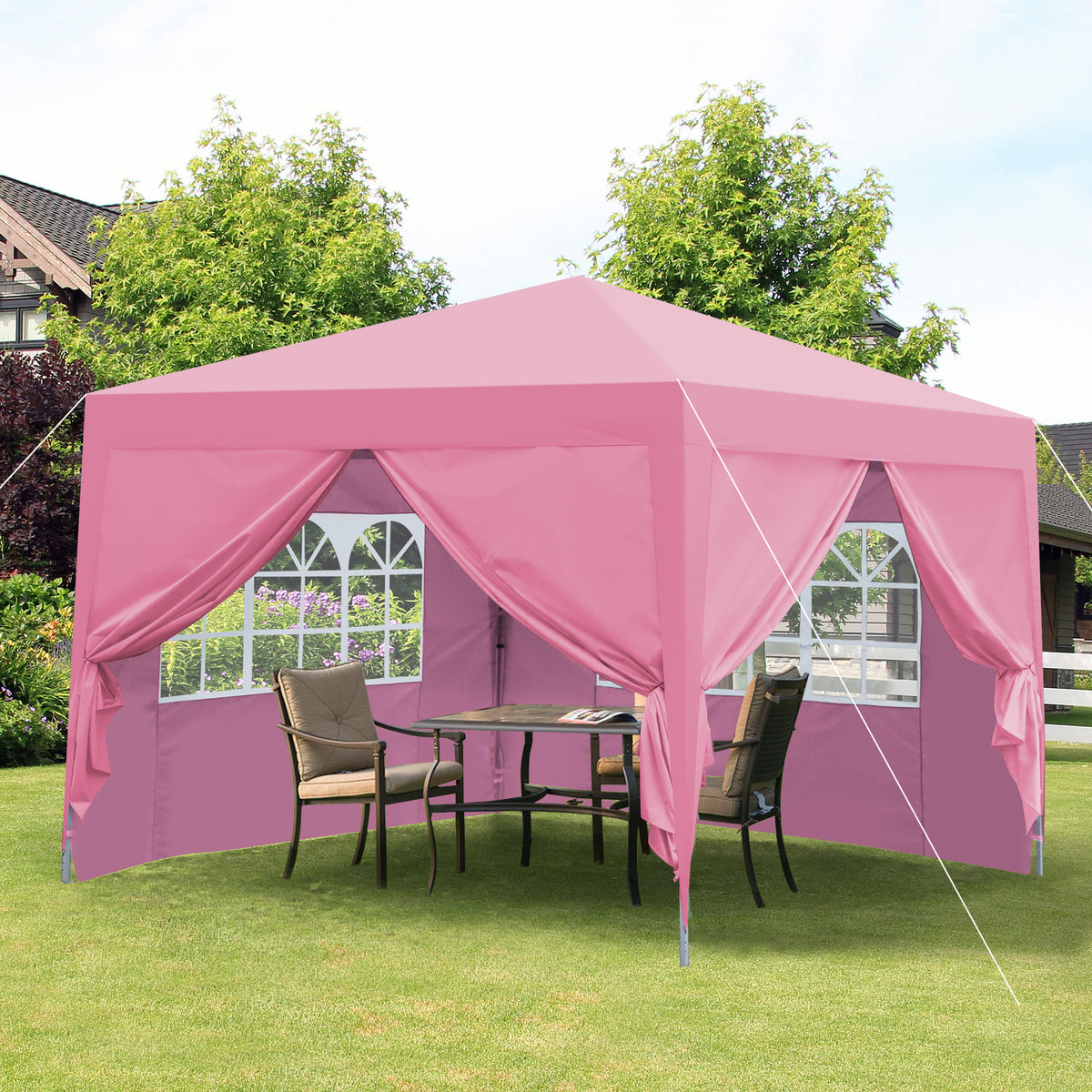 Outdoor 10x 10Ft Pop Up Gazebo Canopy Tent Removable Sidewall with Zipper,2pcs Sidewall with Windows,with 4pcs Weight sand bag,with Carry Bag-Pink