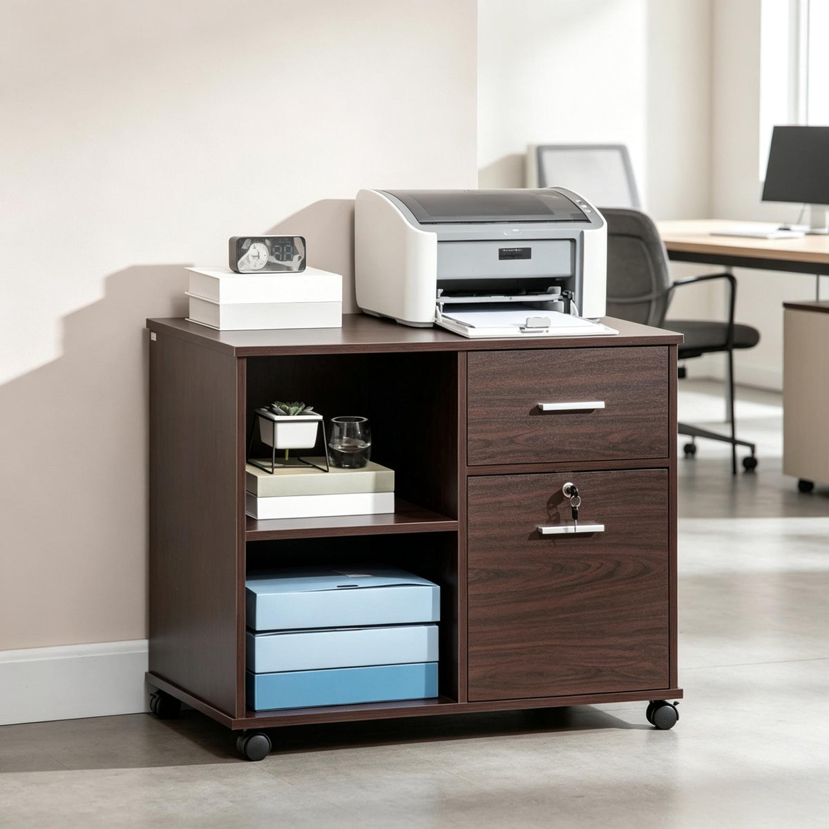Versatile Under-Desk Storage Unit,Mobile Filing Cabinet with Lockable Drawers and Open Storage,Compact File Cabinet,Functional Rolling Cart