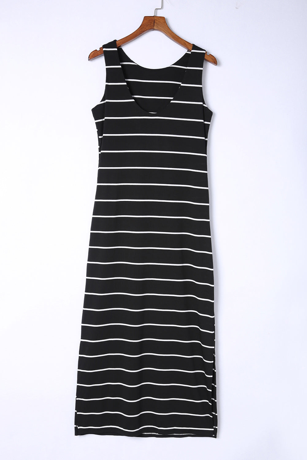 Black Stripe Print Open Back Sleeveless Maxi Dress With Slits - Eloy Royal