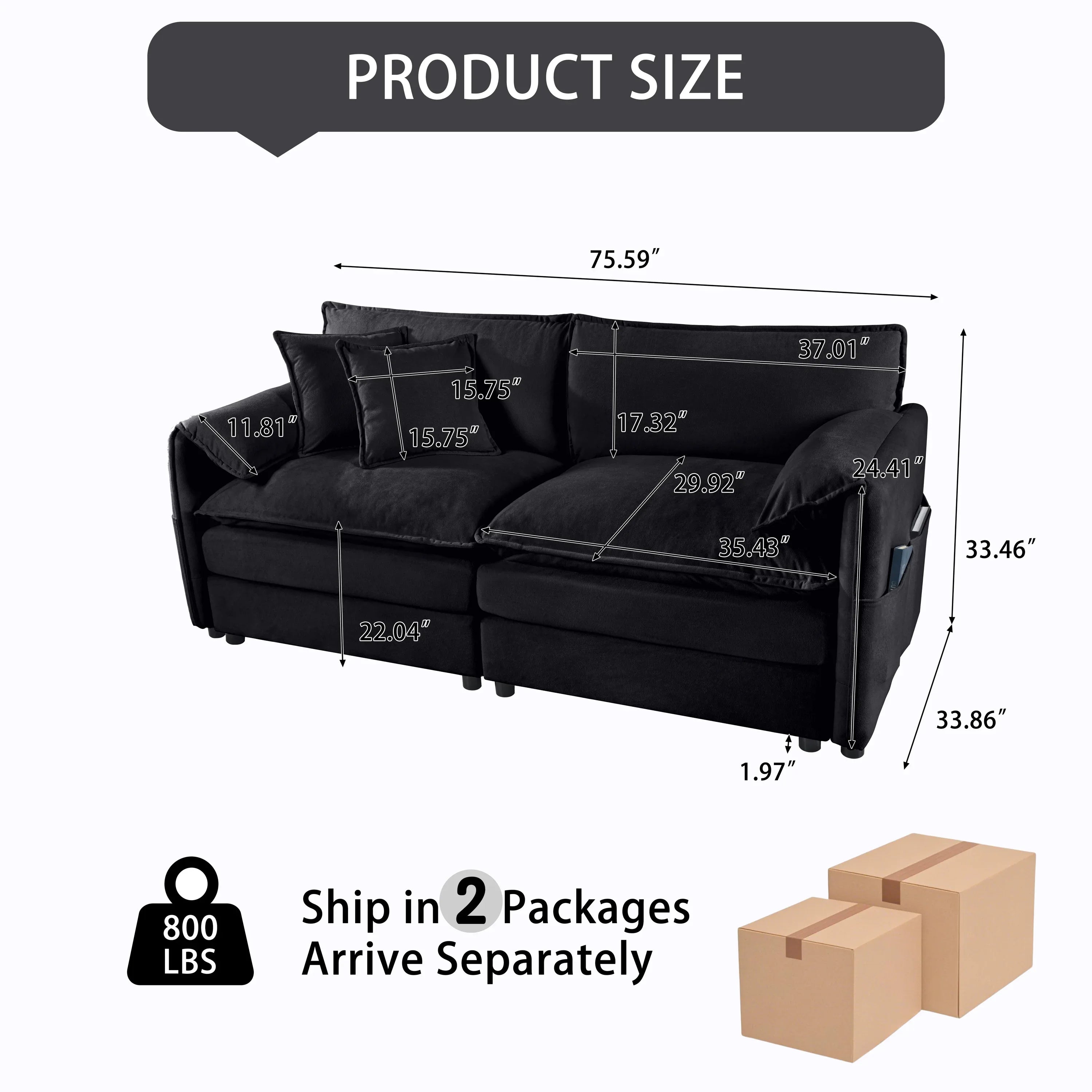 (Old:W3163S00006) Oversized Chenille Loveseat Sofa, Oversized 2-Seater Small Cloud Couch, Modern Comfy Deep Seat Love Seat for Living Room Bedroom Office Apartment,DIY Combination,Chenille,Black - Eloy Royal