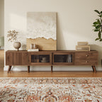 76' Modern Minimal Glass-Doors TV Stand for TVs up to 85 Inches, Wood-Grain Entertainment Center with Storage Cabinets, TV Media Console Table for Living Room, Bedroom