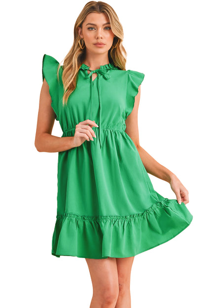 Bright Green Split V Neck Elastic Waist Ruffled Mini Dress - Eloy Royal