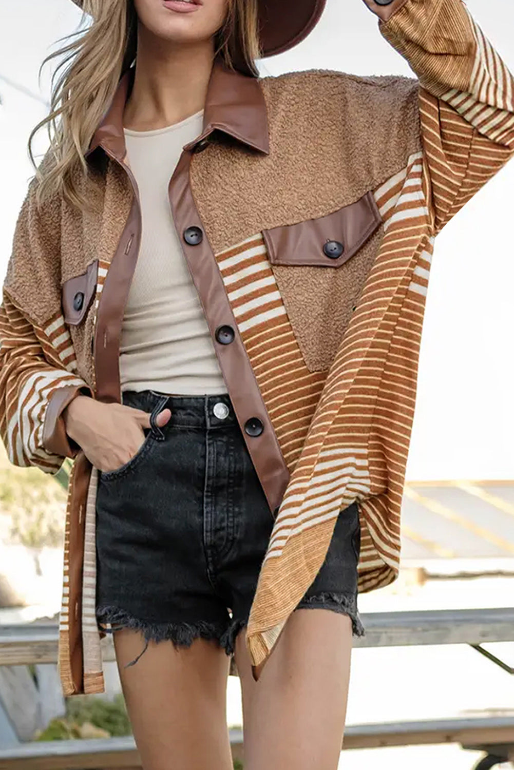 Wholesale Khaki Faux Leather and Sherpa Striped Shirt Shacket - Eloy Royal