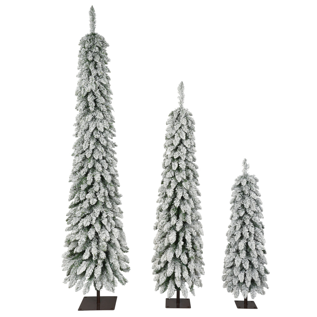 Slim Snow Flocked Pre-Lit Pencil Christmas Tree, 3.9FT/5.9FT/7.9FT with 750 Branch Tips, 480 LED Lights, Warm White Glow, Metal Base for Indoor Holiday Decor