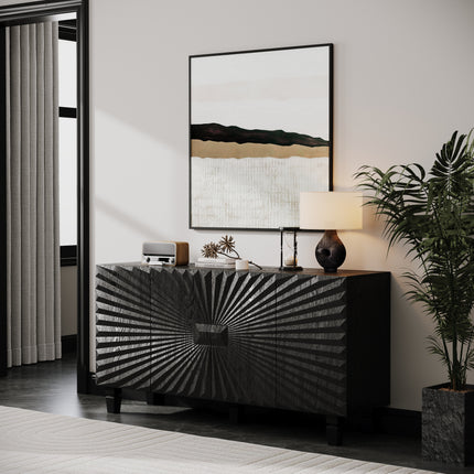 59'' Modern Buffet Sideboard with 4 Sunburst Doors,Credenza Storage Cabinet with Solid Wood Legs,Large Storage Cabinet for Kitchen Dining Living Room Entryway (Black)